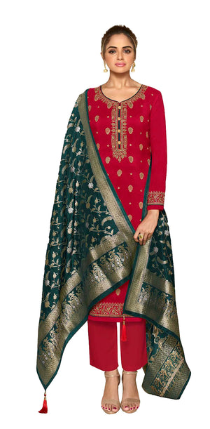 DRAVINAM Trends Women's Dola Jacquard Double Zari Embroidered Unstitched Salwar Suit Dress Material with Dola Jacquard Double Jari Heavy Dupatta (Maroon)