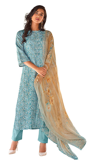 DRAVINAM Trends Women's Unstitched Digital Printed Pure Viscose Masline Embroidered Palazzo Salwar Suit Dress Material with Bemberg Chiffon Digotal Printed Dupatta (Blue)