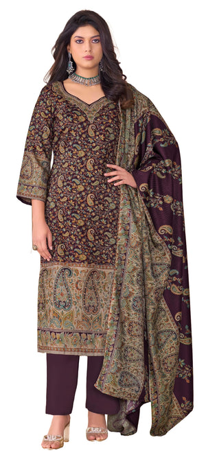 DRAVINAM Trends Women's Unstitched Winter Wear Kashmiri Kani Printed Swaroski Work Heavy Woolen Pashmina Salwar Suit Dress Material with Printed Shawl Dupatta