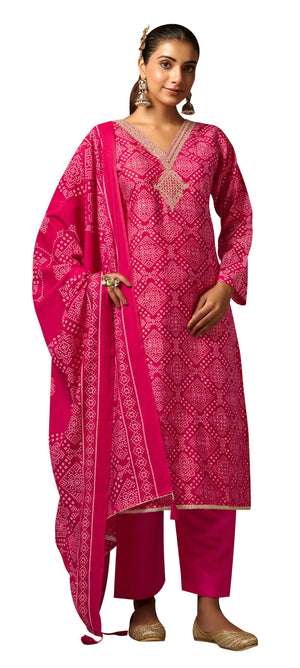 DRAVINAM Trends Women's Unstitched Silk Suit - Modal Silk Discharge Foil Print with Coding Embroidery Top || Solid Bottoms II Modal Silk Discharge Foil Print And Tussle Dupatta