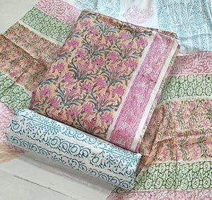 DRAVINAM Trends Hand Block Print Cambric Cotton Unstitched Salwar Suit Set for Women with Pure Chiffon Hand Printed Dupatta