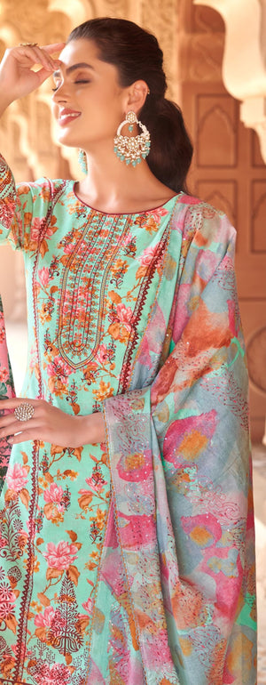 Elegant Unstitched Pure Cambric Cotton Suit Material with Neck & Daman Embroidery | Swarovski Diamond Work | Cotton Dyed Bottoms & Fancy Embroidered Mal Mal Dupatta