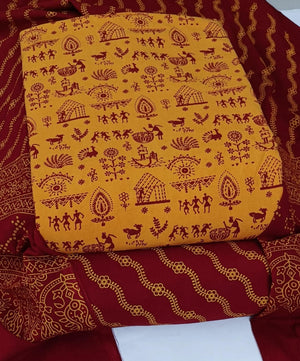 DRAVINAM Trends Women's Premium Cotton Unstitched Salwar Suit Dress Material Set | Traditional Rajasthani Gujari Block Print (Red & Mustard Yellow)