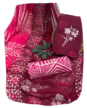 DRAVINAM Trends Hand Block Print Cambric Cotton Unstitched Salwar Suit Set for Women with Pure Chiffon Hand Printed Dupatta
