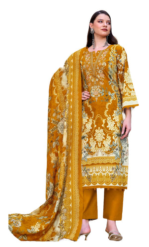 DRAVINAM Trends Women's Unstitched Cotton Suit Dress Material -Embroidered Digital Print Top II Plain Bottoms II Digital Print Dupatta