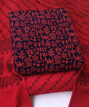 DRAVINAM Trends Women's Premium Cotton Unstitched Salwar Suit Dress Material Set | Traditional Rajasthani Gujari Block Print (Red & Mustard Yellow)