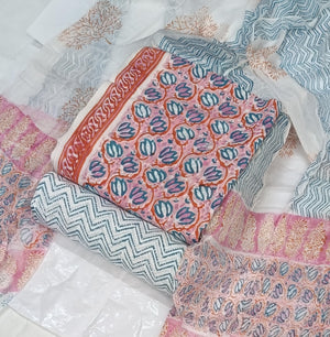 DRAVINAM Trends Hand Block Print Cambric Cotton Unstitched Salwar Suit Set for Women with Pure Chiffon Hand Printed Dupatta