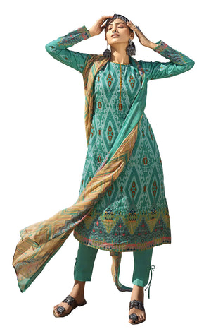 DRAVINAM Trends Women's Unstitched Digital Floral Printed Embroidered Cotton Casual Wear Salwar Suits For Women with Nazneen Chiffon Chunni/Dupatta (Blue)