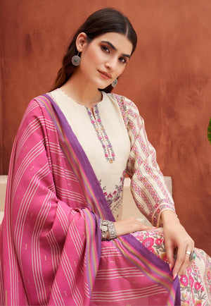 DRAVINAM Trends Women's Unstitched Masline Embroidered Suit Material - Viscose Maslin Embroidered Printed Shirt II Maslin Bottoms II Maslin Digital Printed Dupatta