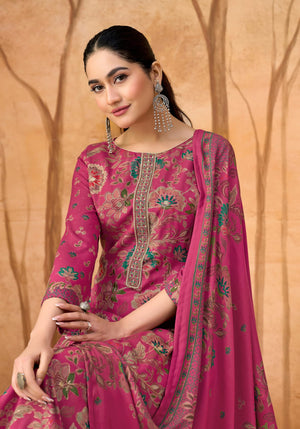 DRAVINAM Trends Women's Winter Wear Unstitched Discharge Print Hand Work Neck Embroidered Woollen Viscose Pashmina Salwar Suit Dress Material with Pashmina Printed Shawl Dupatta