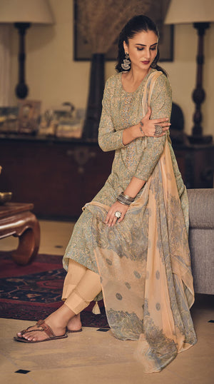DRAVINAM Trends Women's Digital Printed Cambric Cotton Embroidered Unstitched Salwar Suit Dress Material with Japan Chiffon/Half Pure Digital Printed Chunni/Dupatta (Sea Green)