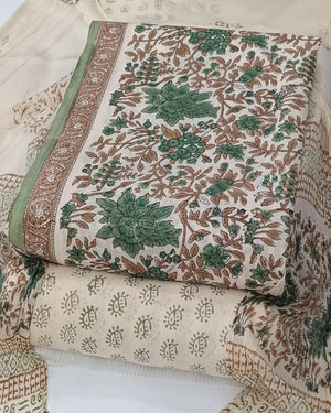 DRAVINAM Trends Hand Block Print Cambric Cotton Unstitched Salwar Suit Set for Women with Pure Chiffon Hand Printed Dupatta