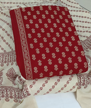DRAVINAM Trends Women's Premium Cotton Unstitched Salwar Suit Dress Material Set | Traditional Rajasthani Gujari Block Print (Red & Mustard Yellow)