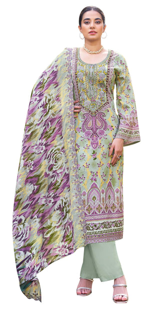 DRAVINAM Trends Unstitched Cotton Suit Dress Material Set: Pakistani Print Top Fabric with Embroidery | Customizable Solid Bottoms | Cotton Fancy Dupatta