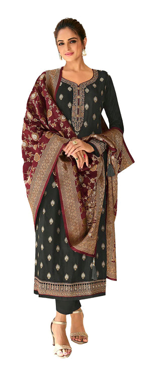 DRAVINAM Trends Women's Dola Jacquard Double Zari Embroidered Unstitched Salwar Suit Dress Material with Dola Jacquard Double Jari Heavy Dupatta (Maroon)