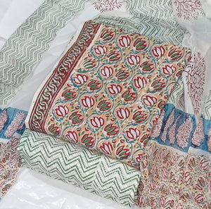 DRAVINAM Trends Hand Block Print Cambric Cotton Unstitched Salwar Suit Set for Women with Pure Chiffon Hand Printed Dupatta