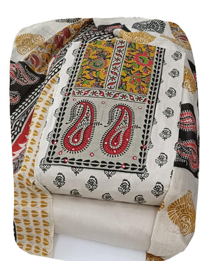 DRAVINAM Trends Women's Unstitched Cambric Cotton Dress Material Salwar Suit Set with Dupatta | Geometric Batik Print & Embellished Neckline (Multicolor)
