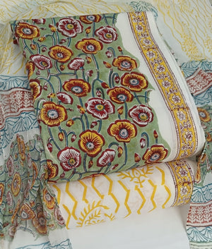 DRAVINAM Trends Hand Block Print Cambric Cotton Unstitched Salwar Suit Set for Women with Pure Chiffon Hand Printed Dupatta
