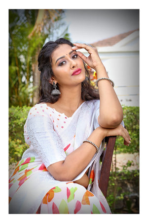 DRAVINAM Trends Women's Soft Pure Cotton Printed White Saree with Silver Jacquard Border and Unstitched Blouse Piece
