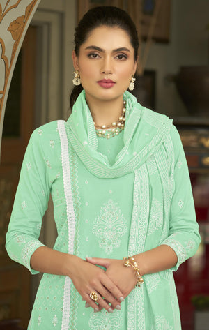 DRAVINAM Trends Unstitched Women Suit Material – Handwork and Lacework Cambric Cotton Printed Top, Cotton Bottoms and Cotton Mal Mal Printed Dupatta