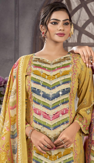 DRAVINAM Trends Women’s Ethnic Suit (Stitched, 3-Piece Set)– Heavy Viscose Rayon Designer Kurta with Heavy Handwork (2.5 m), Cotton Mal Mal Printed Dupatta (2.3 m), Bottom (3 m) (GOLDENROD, XL)