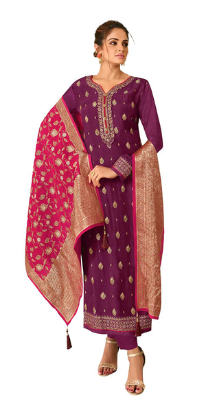 DRAVINAM Trends Women's Dola Jacquard Double Zari Embroidered Unstitched Salwar Suit Dress Material with Dola Jacquard Double Jari Heavy Dupatta (Maroon)