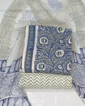 DRAVINAM Trends Hand Block Print Cambric Cotton Unstitched Salwar Suit Set for Women with Pure Chiffon Hand Printed Dupatta