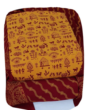 DRAVINAM Trends Women's Premium Cotton Unstitched Salwar Suit Dress Material Set | Traditional Rajasthani Gujari Block Print (Red & Mustard Yellow)