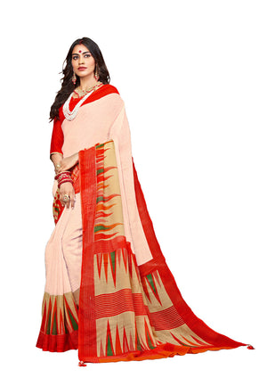 DRAVINAM Trends Women's Soft Khadi linen White and Red Printed bordered Saree with Matching Blouse Piece