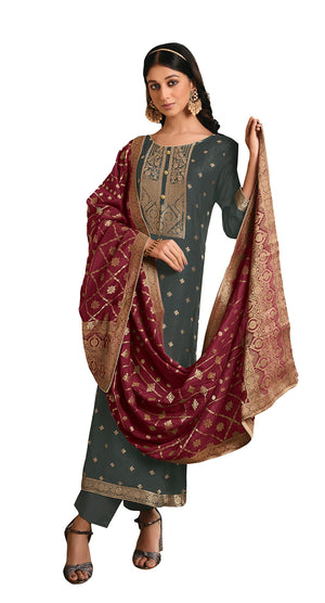 DRAVINAM Trends Women's Coral Silk Weaving Jacquard Unstitched Pakistani Salwar Suit Dress Material with Pure Coral Silk Weaving Jacquard Dupatta (Blue)