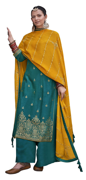 DRAVINAM Trends Women's Pure Banarasi Silk Jacquard Sequence embroidered Unstitched Salwar Suit Dress material with Chinon Silk Sequence and Embroidered Heavy Dupatta (Free size_Blue)