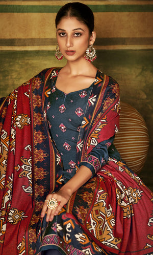 DRAVINAM Trends Women's Unstitched Kaani Print Mirror Work Spun Pashmina Winter wear Dress Material Fabric for Salwar Suit with printed spun pashmina Kashmiri shawl dupatta (Blue)