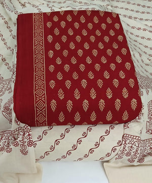 DRAVINAM Trends Women's Premium Cotton Unstitched Salwar Suit Dress Material Set | Traditional Rajasthani Gujari Block Print (Red & Mustard Yellow)