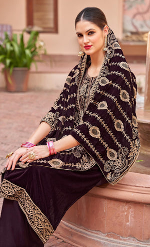 DRAVINAM Trends Women's Unstitched Premium Velvet Embroidered Salwar suit Dress Material with Velvet Heavy Embroidered Dupatta