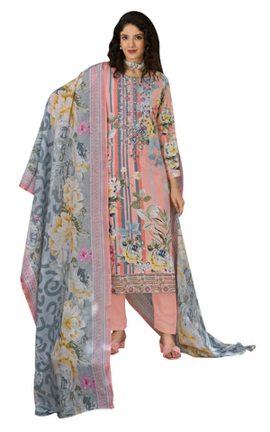 DRAVINAM Trends Women's Pure Cotton Digital Printed Suit with Exclusive Heavy Self-Embroidery Neck & Organza Daman Embroidery | Mal Mal Cotton Printed Dupatta & Bottom – Ready to Wear (OLIVE, XXL)