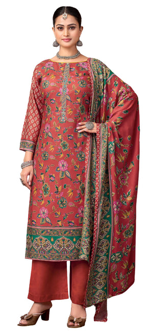 DRAVINAM Trends Women's Winter Wear Unstitched Discharge Print Embroidered Woollen Viscose Pashmina Salwar Suit Dress Material with Pashmina Printed Shawl Dupatta