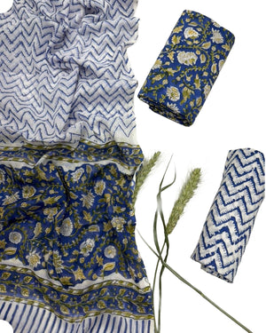 DRAVINAM Trends Hand Block Dabu Print Indigo Cambric Unstitched Cotton Suit Dress Material for Women with Mulmul Cotton Hand Printed Dupatta
