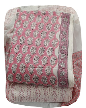 DRAVINAM Trends Hand Block Print Cambric Cotton Unstitched Salwar Suit Set for Women with Pure Chiffon Hand Printed Dupatta