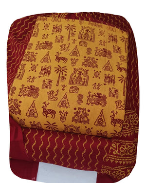 DRAVINAM Trends Women's Premium Cotton Unstitched Salwar Suit Dress Material Set | Traditional Rajasthani Gujari Block Print (Red & Mustard Yellow)