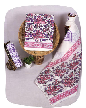 DRAVINAM Trends Hand Block Print Sanganeri Cambric Unstitched Cotton Suit Dress Material for Women with Mulmul Cotton Hand Printed Dupatta