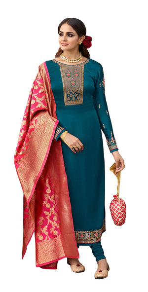 DRAVINAM Trends Women's Satin Georgette Unstitched Embroidered Chudidaar Salwar Suit dress Material with Heavy Pure Banarasi Meena Jacquard silk Dupatta (Free size_Blue and Firozee)