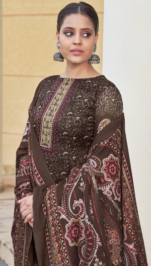 DRAVINAM Trends Women's Kashmiri Printed Pashmina Unstitch Salwar Suit Dress Material with Siroski Work and Twill Pashmina Printed Shawl Dupatta