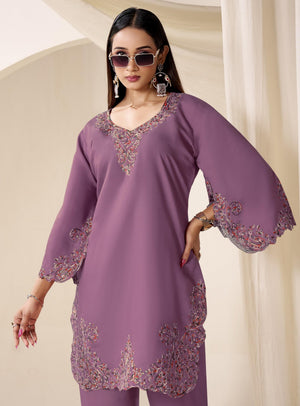 DRAVINAM Trends Women's Stitched Kashmiri Embroidered Pure Roman Silk Co-ord Set II Top II Pants (L / 40)