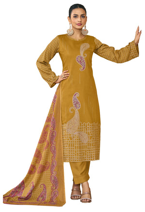 DRAVINAM Trends Women's Unstitched Salwar Suit Dress Material Pure Jam Silk Discharge Print Embroidered Hand Work Kameez Plain Unstitched Bottoms and Pure Lawn Digital Foil Print Dupatta