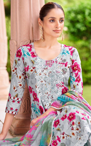 DRAVINAM Trends Women's Unstitched Salwar Suit Material - Pink - Cambric Cotton - Floral Print Top with Embroidery - Solid Cotton Bottom - Mal Mal Print Dupatta with Lace
