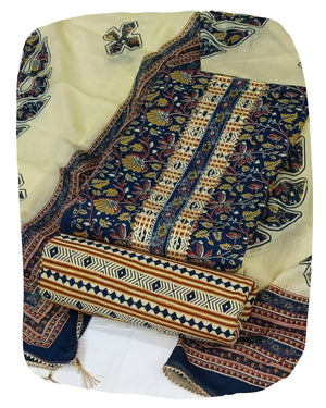 DRAVINAM Trends Women's Jaipuri Printed Embroidered and Hand Work Premium Cambric Cotton Unstitched Salwar Suit Dress Material with Mulmul Cotton Dupatta