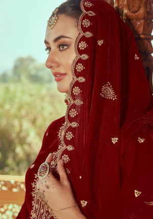 DRAVINAM Trends Women's Red Velvet Embroidered Salwar Suit Dress Material with Dupatta and Unstitched Bottoms