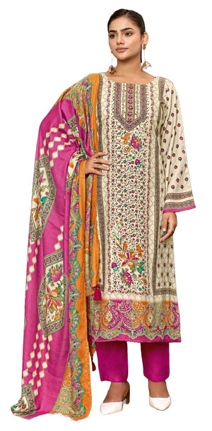 DRAVINAM Trends Women's Winter Wear Unstitched Digital Kani Printed Viscose Pashmina Woollen Salwar Suit Dress Material with Khatli Work Foil touchup and Pashmina Digital Printed Shawl Dupatta