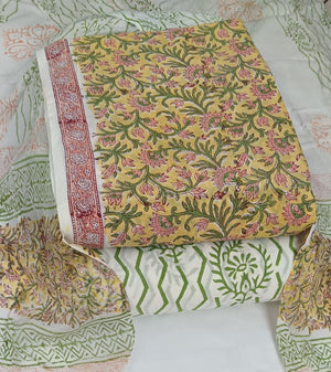 DRAVINAM Trends Hand Block Print Cambric Cotton Unstitched Salwar Suit Set for Women with Pure Chiffon Hand Printed Dupatta