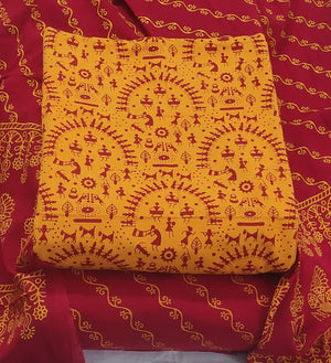 DRAVINAM Trends Women's Premium Cotton Unstitched Salwar Suit Dress Material Set | Traditional Rajasthani Gujari Block Print (Red & Mustard Yellow)